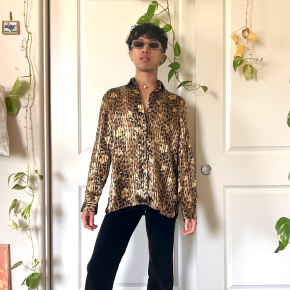 Vintage Gold & Black Leopard Print Silk Shirt - Picture 2 of 4